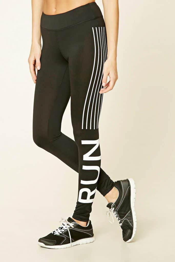 forever 21 workout tights with run written on the leg